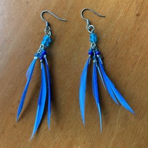 Blue feathers and beads boho earrings